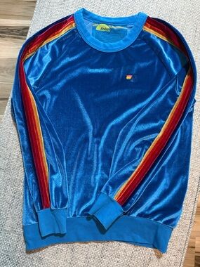 Aviator Nation Classic Velvet 5 Stripe Pullover Sweatshirt Blue Size Small